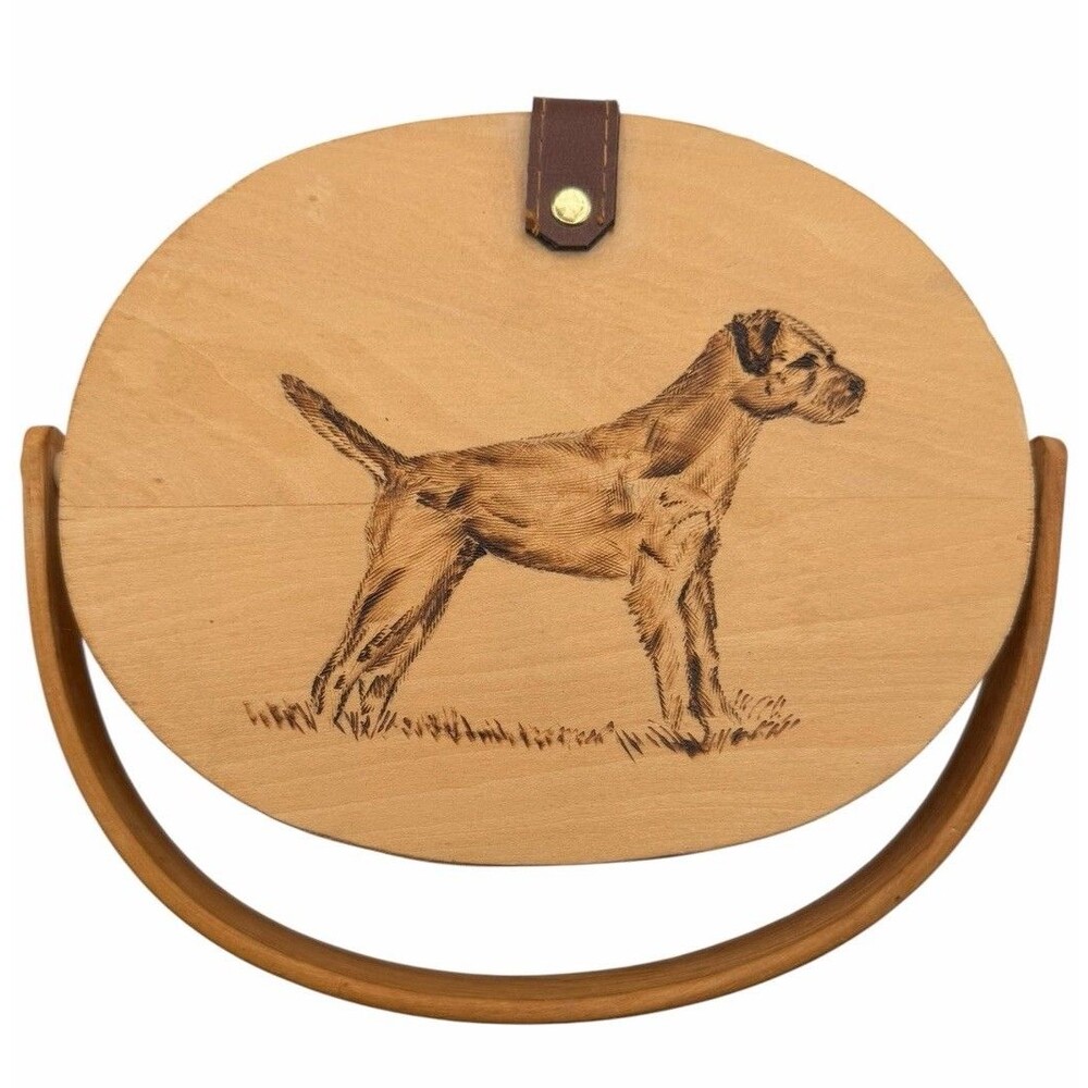 Vintage Wood Burned Border Terrier Dog Lidded Basket Handle Handmade Signed 7.5"